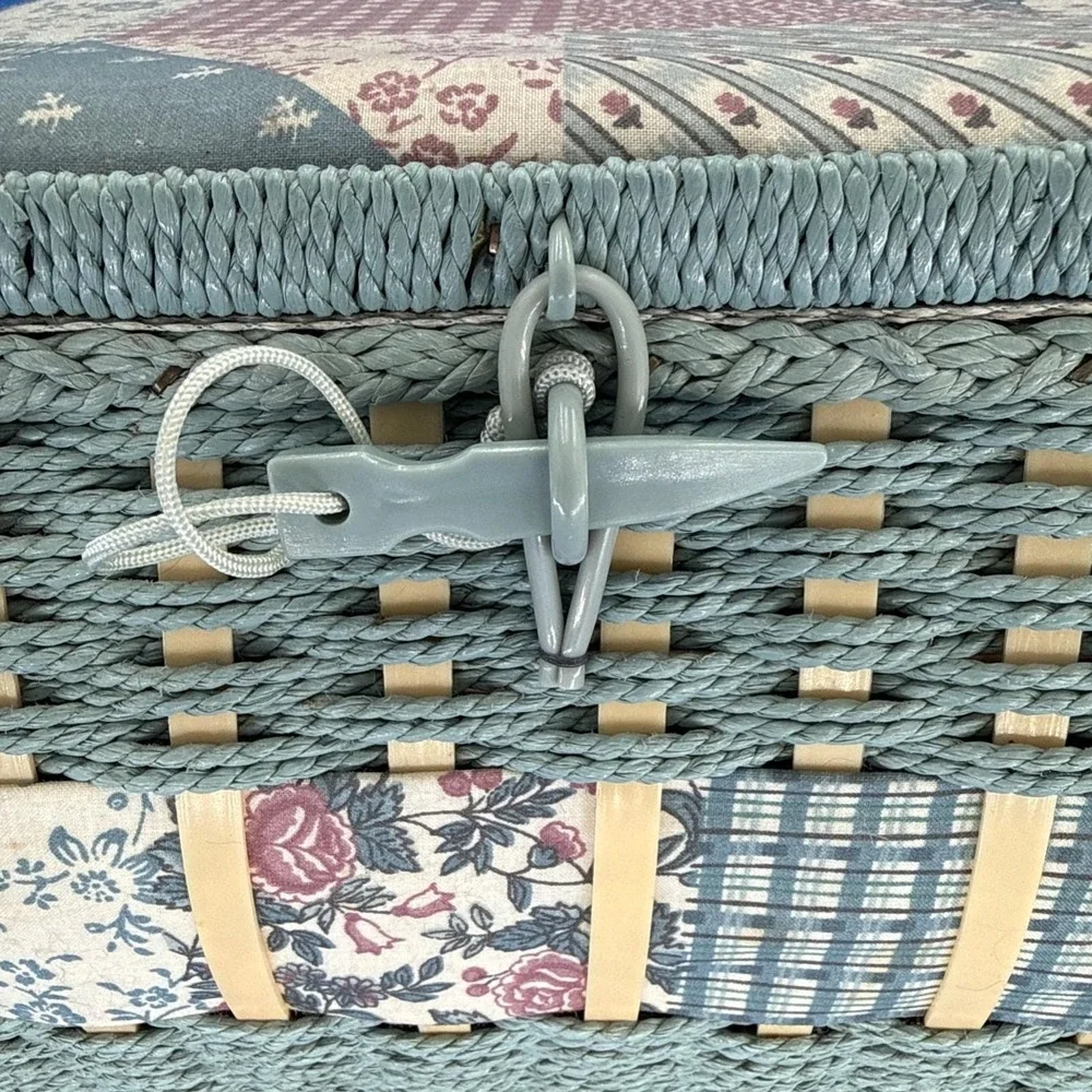 Vintage Wicker Blue Floral Tapestry Square Sewing Box Cottagecore